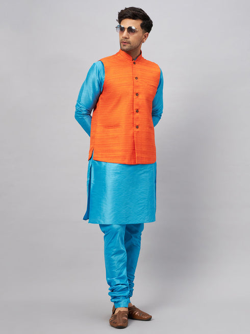 Vastramay Men's Orange Matka Silk Nehru Jacket With Aqua Blue Silk Blend Kurta and Pyjama Set